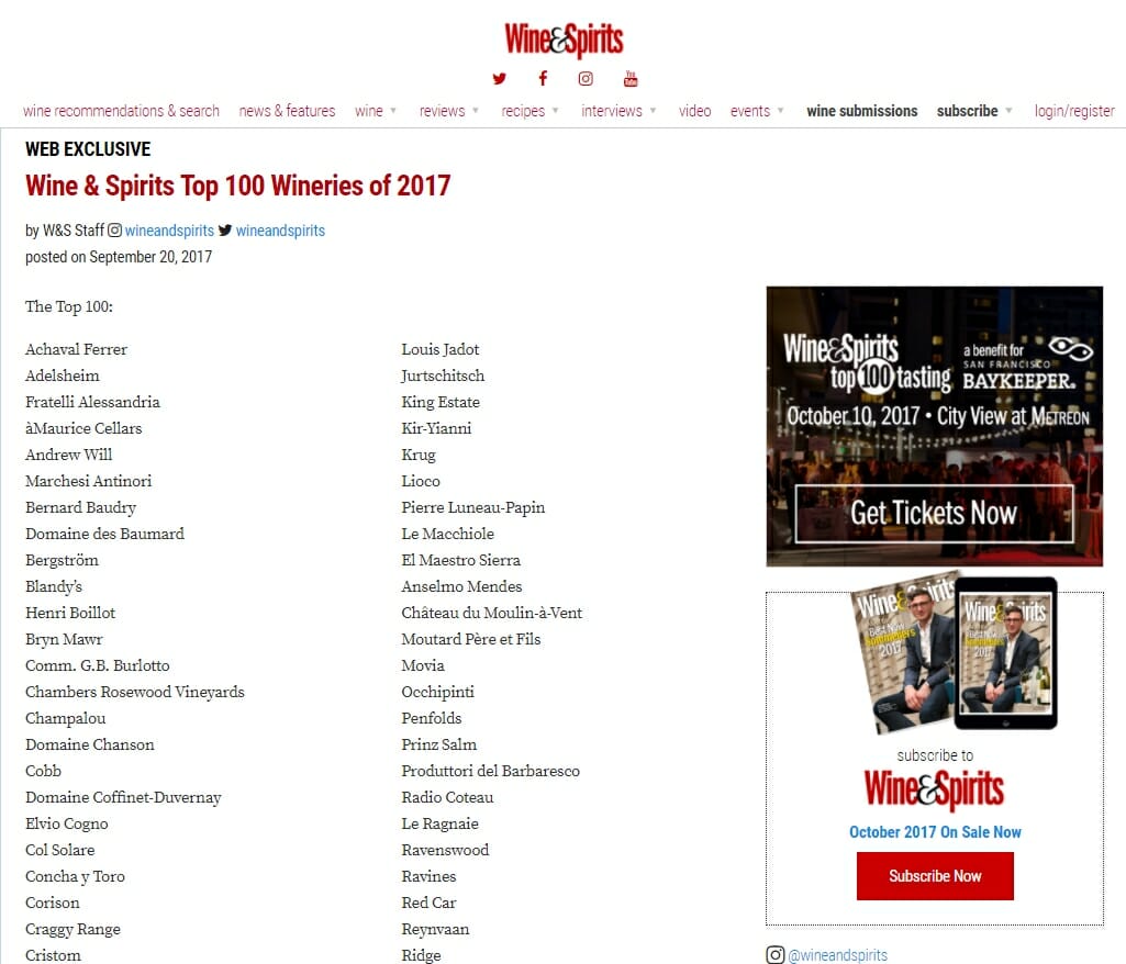 Wine & Spirits Top 100 Wineries of 2017